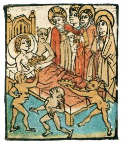 Illustration from Ars Moriendi showing demons tempting dying man with a crown--a symbol of pride. Woodblock ca. 1460